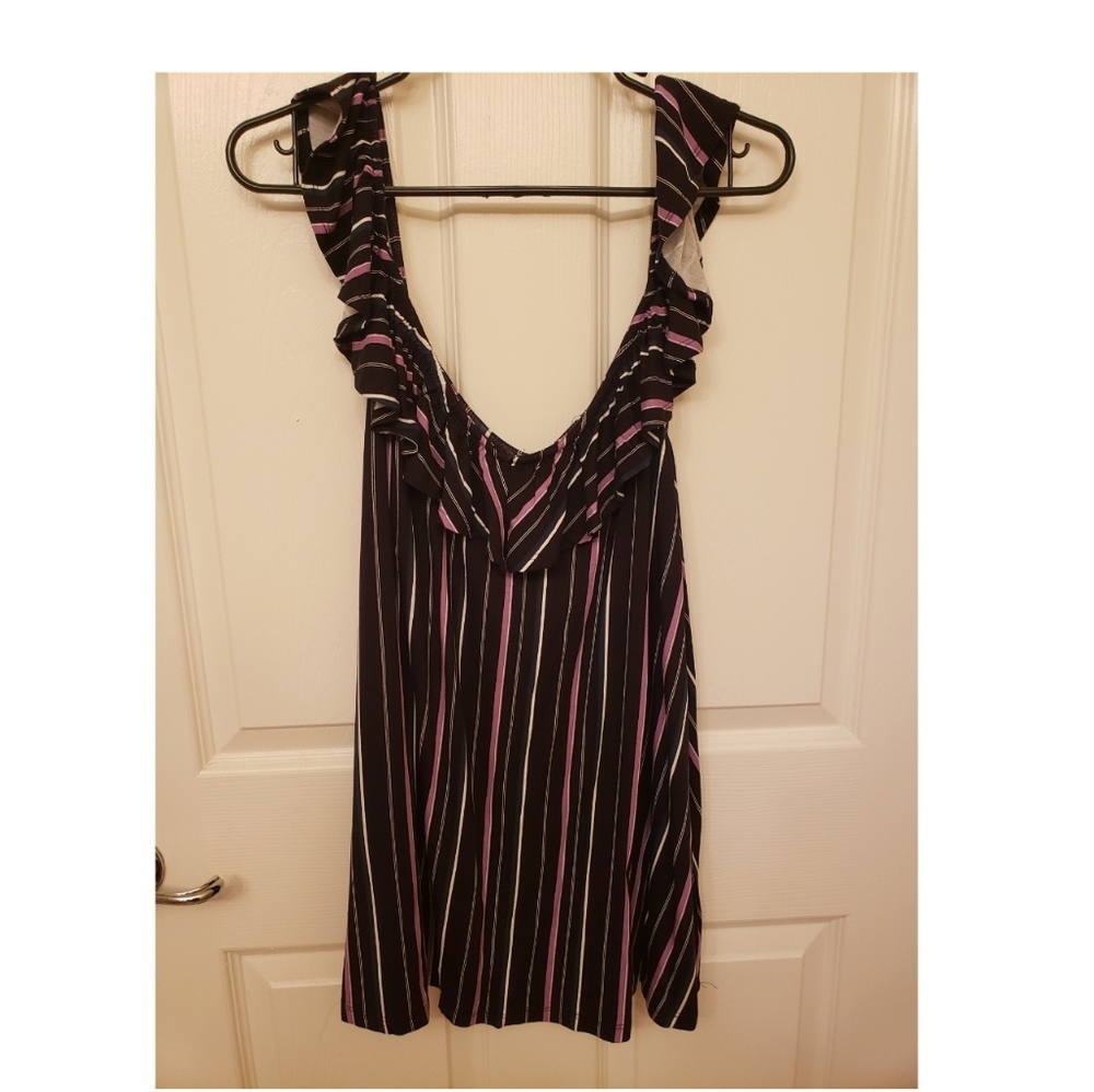 Super Soft Black & Multi Stripe Ruffle Tank